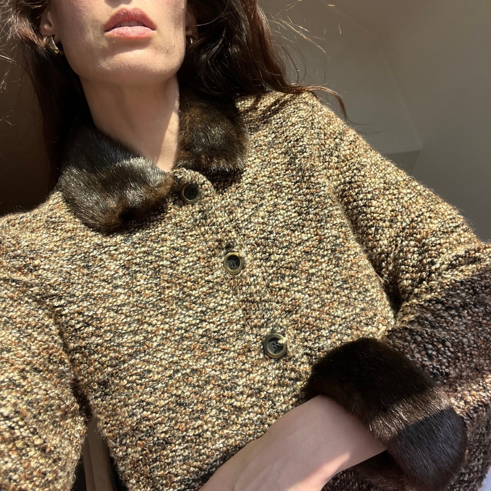 Vintage 90s Faux Fur Trim Tweed Jacket Brown Button Front Old Money Boxy‎ Blazer